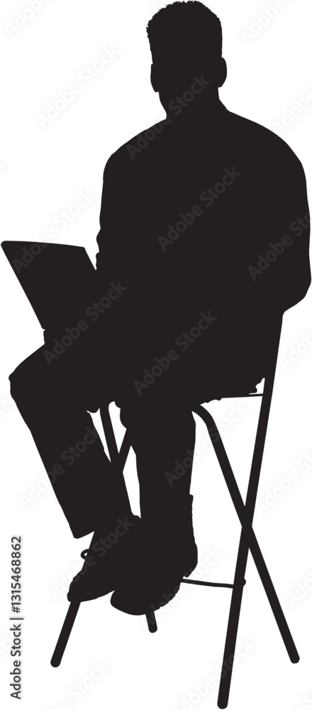 This silhouette illustration depicts a man sitting on a stool, holding a laptop or a book, possibly engaged in work, study, or presentation. The posture suggests confidence and professionalism.