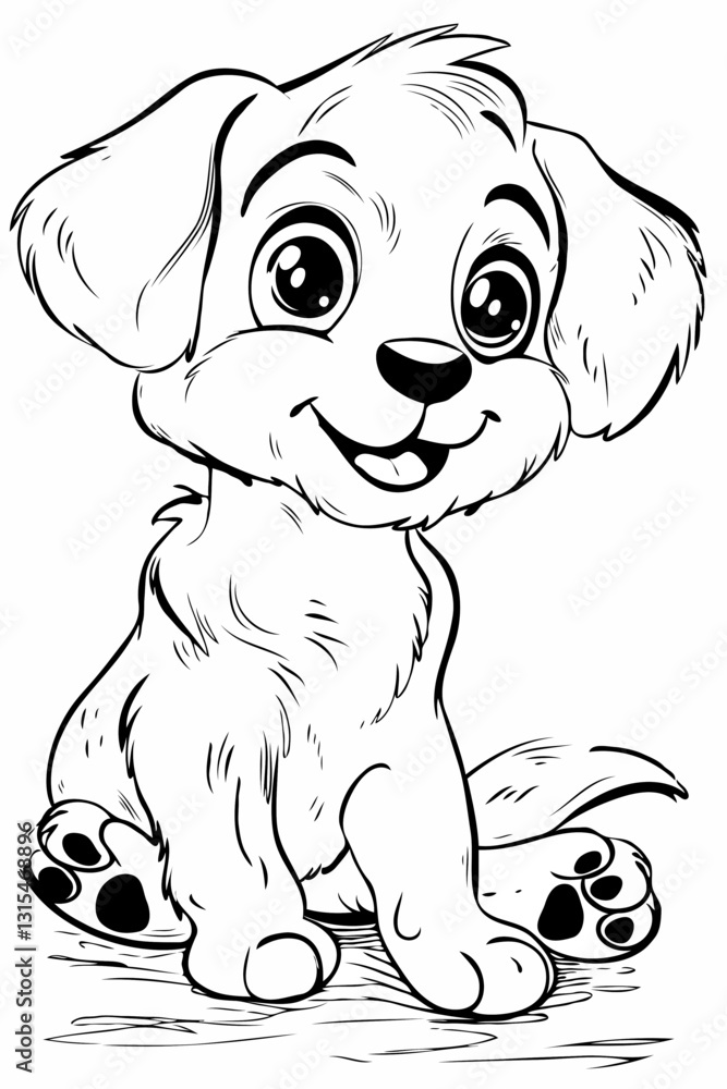 Playful Puppy Sitting Neatly Wagging Tail, coloring book for kids Playful Puppy Sitting Neatly Wagging Tail, coloring book for kids