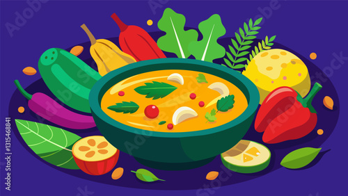 The vibrant colors of assorted vegetables floating in the golden broth of the sancocho.. Vector illustration