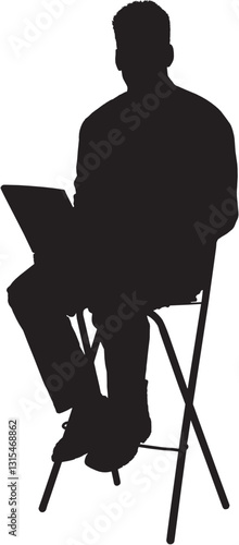Obraz na płótnie This silhouette illustration depicts a man sitting on a stool, holding a laptop or a book, possibly engaged in work, study, or presentation. The posture suggests confidence and professionalism. w salonie