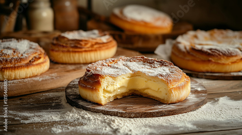 Rustic Italian Bakery Scene – Pasticciotto with Golden Crust and Creamy Custard on a Wooden Countertop for Culinary Blogs and Traditional Pastry Designs photo