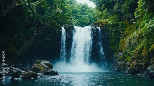Lush rainforest waterfall cascading into a tranquil pool. (1)