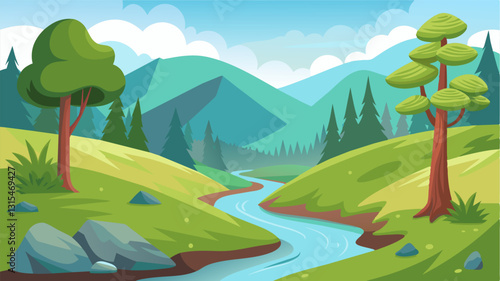 A small stream gurgles nearby providing a peaceful backdrop to the groups exploration of the reserve.. Vector illustration