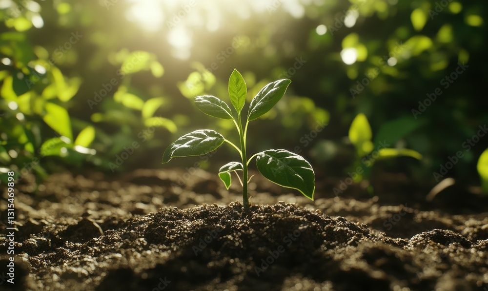 Vibrant green seedling sprouting from rich soil, bathed in natural sunlight with blurred leaves in the background symbolizing growth and renewal Vibrant green seedling sprouting from rich soil, bathed in natural sunlight with blurred leaves in the background symbolizing growth and renewal