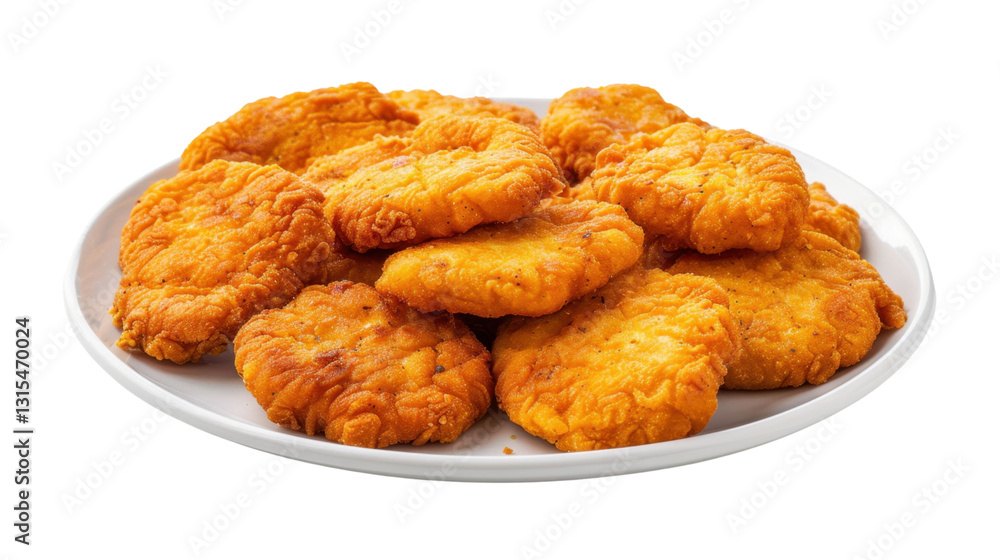Crispy chicken nuggets piled on a white plate with transparent background Crispy chicken nuggets piled on a white plate with transparent background