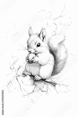 Charming squirrel gracefully sits with a nut on a branch, coloring book for kids
