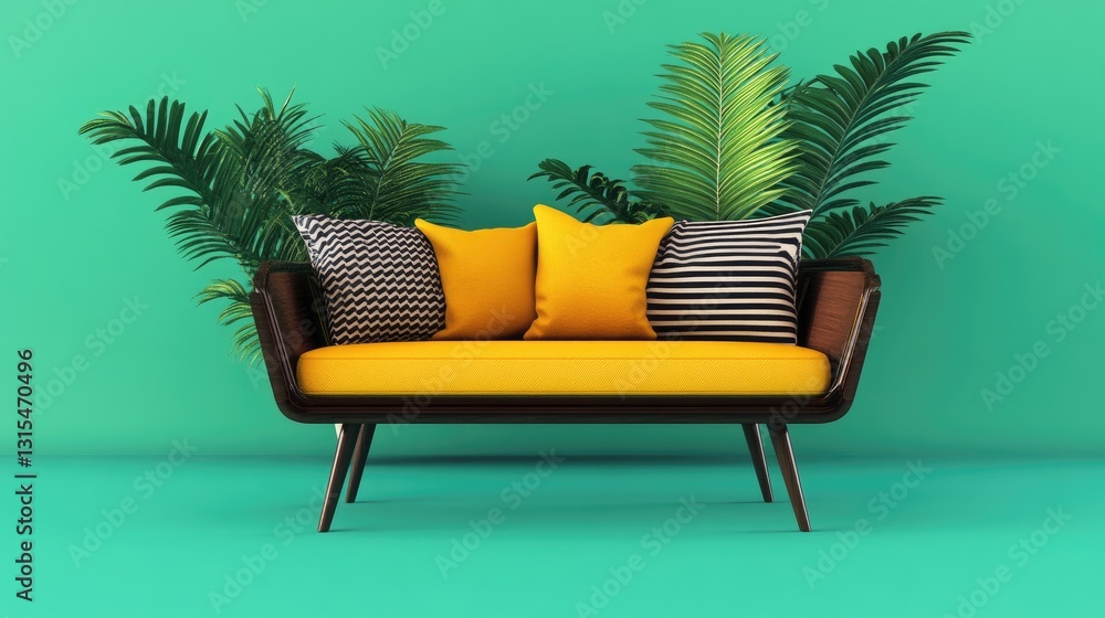 Fototapeta premium A cozy loveseat with decorative pillows, placed on a stylish green background.