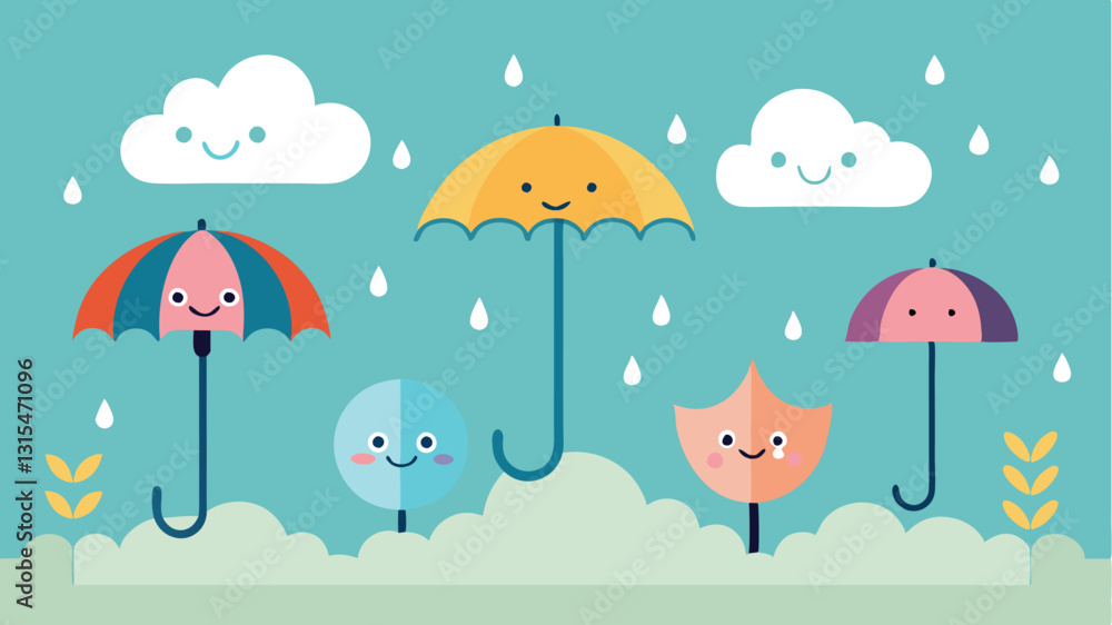 Bright and cheerful vector illustration of umbrellas on a rainy day in a playful setting with smiling clouds and raindrops Bright and cheerful vector illustration of umbrellas on a rainy day in a playful setting with smiling clouds and raindrops
