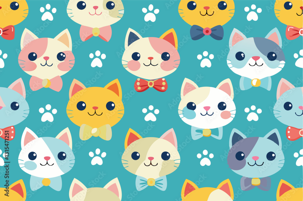 Cute cat heads with bows and colorful flowers arranged on a pink background in a fun and playful pattern for childrens decor Cute cat heads with bows and colorful flowers arranged on a pink background in a fun and playful pattern for childrens decor