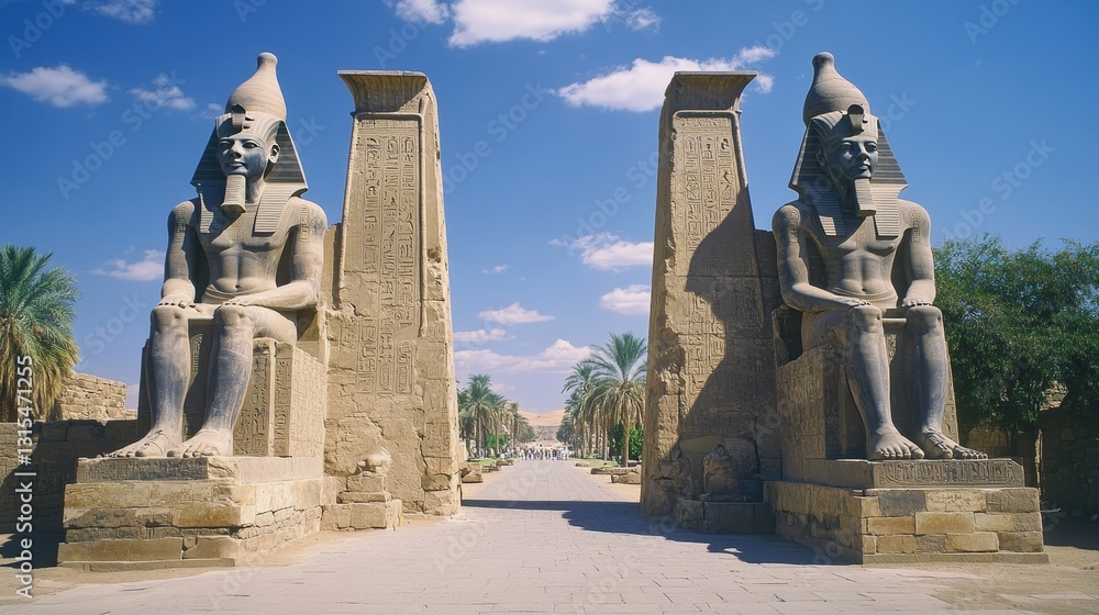 Obraz premium Colossal statues of Amenhotep III, the ancient Egyptian pharaoh, guard the entrance to his tomb in Luxor, Egypt.