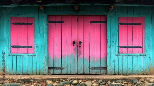 Rustic Teal Building With Vibrant Pink Doors with Aged Wood Design Details and Rustic Exterior