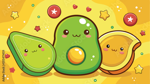 Cute vector illustration of happy avocado, toast, and fruits on a colorful background with playful expressions and fun elements