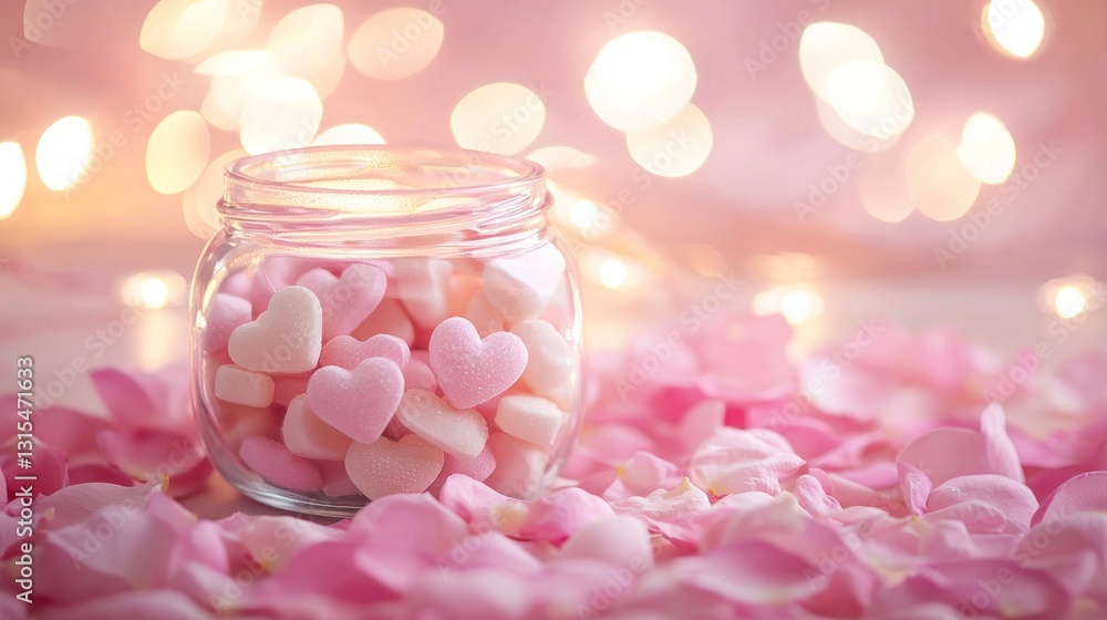 Pink heart candies in a jar on rose petals with bokeh lights. Pink heart candies in a jar on rose petals with bokeh lights.