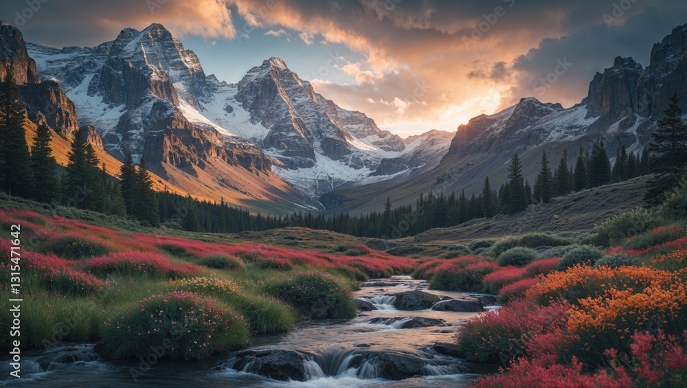 A serene mountain landscape with colorful flowers and a flowing stream at sunset. A serene mountain landscape with colorful flowers and a flowing stream at sunset.