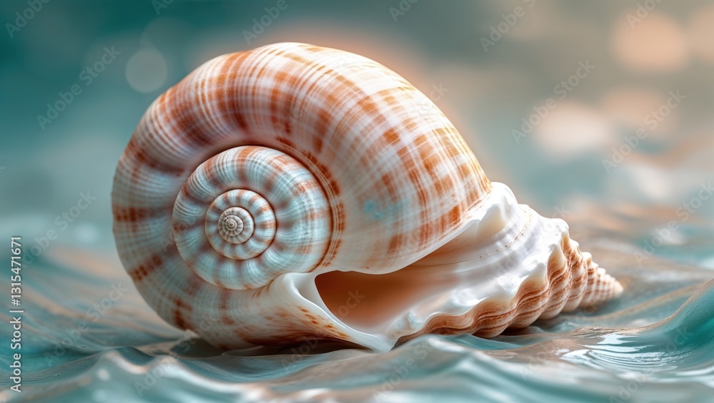 A close-up of a beautifully patterned seashell resting on a gentle wave. A close-up of a beautifully patterned seashell resting on a gentle wave.