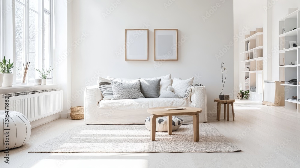 Fototapeta premium Cozy and clean living room with Scandinavian style. White walls and furniture create a bright and airy space.