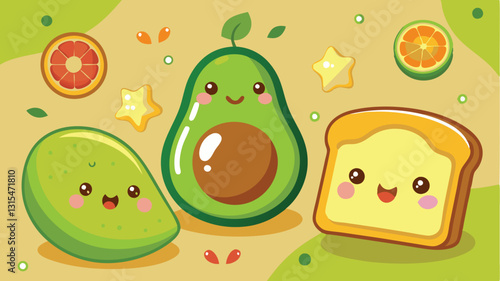 Cute vector illustration of happy avocado, toast, and fruits on a colorful background with playful expressions and fun elements