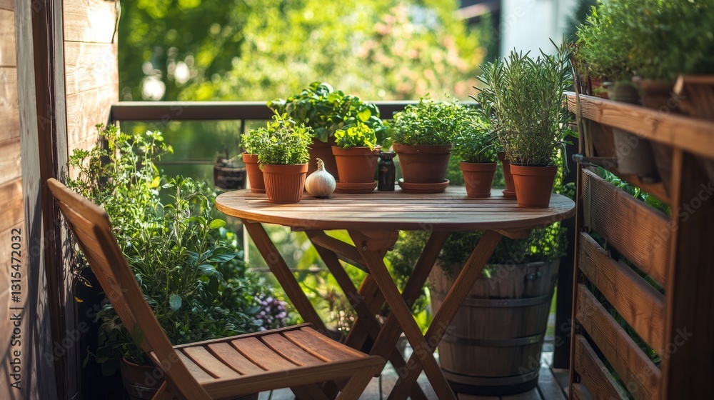Fototapeta premium Cozy balcony with wooden table and chairs for two. Pots of herbs like basil, onion, and rosemary add a touch of nature to this outdoor space.