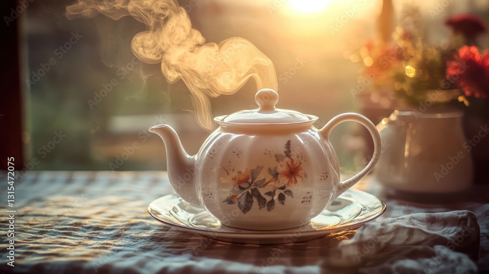 Fototapeta premium Steaming teapot on table at sunset.