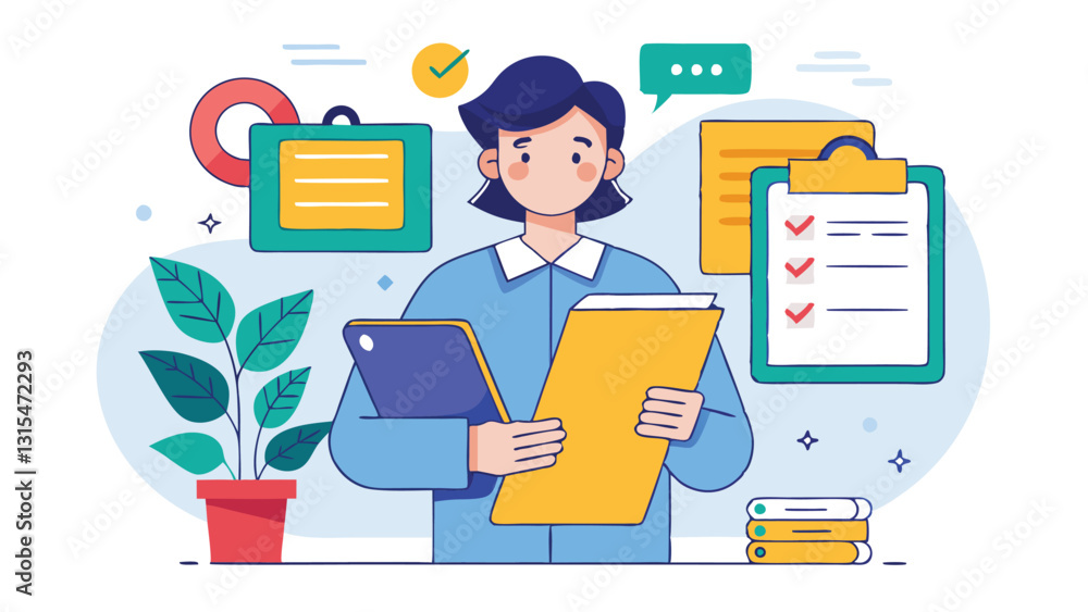 Business professional holding a clipboard with documents in a modern office environment surrounded by plants and organizational tools Business professional holding a clipboard with documents in a modern office environment surrounded by plants and organizational tools
