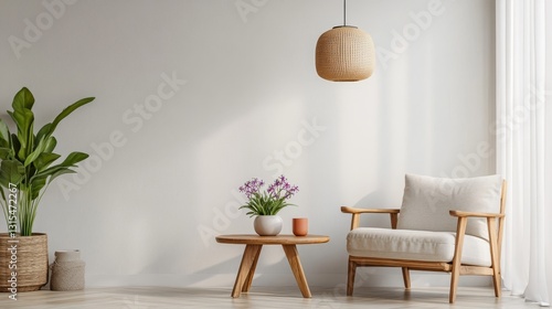 Cozy living room with a pop of color. Bright hyacinth flowers add a cheerful touch to the minimalist space, filled with a plush armchair, wooden coffee table, and hanging lamp.
