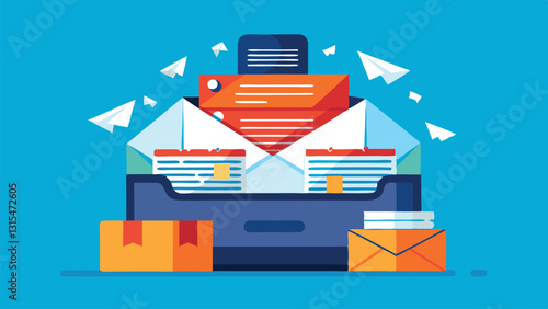 Colorful vector illustration of a cluttered filing box filled with documents and envelopes on a bright background