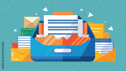 Colorful vector illustration of a cluttered filing box filled with documents and envelopes on a bright background