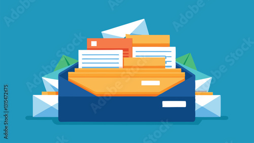 Colorful vector illustration of a cluttered filing box filled with documents and envelopes on a bright background