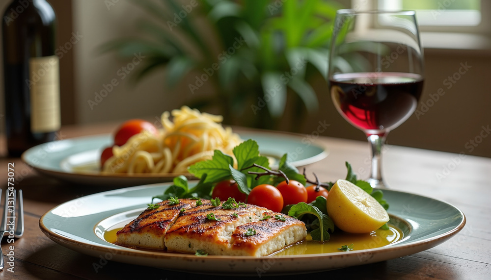 Grilled fish served with pasta, cherry tomatoes, and lemon on a dining table with red wine, Mediterranean Diet Grilled fish served with pasta, cherry tomatoes, and lemon on a dining table with red wine, Mediterranean Diet