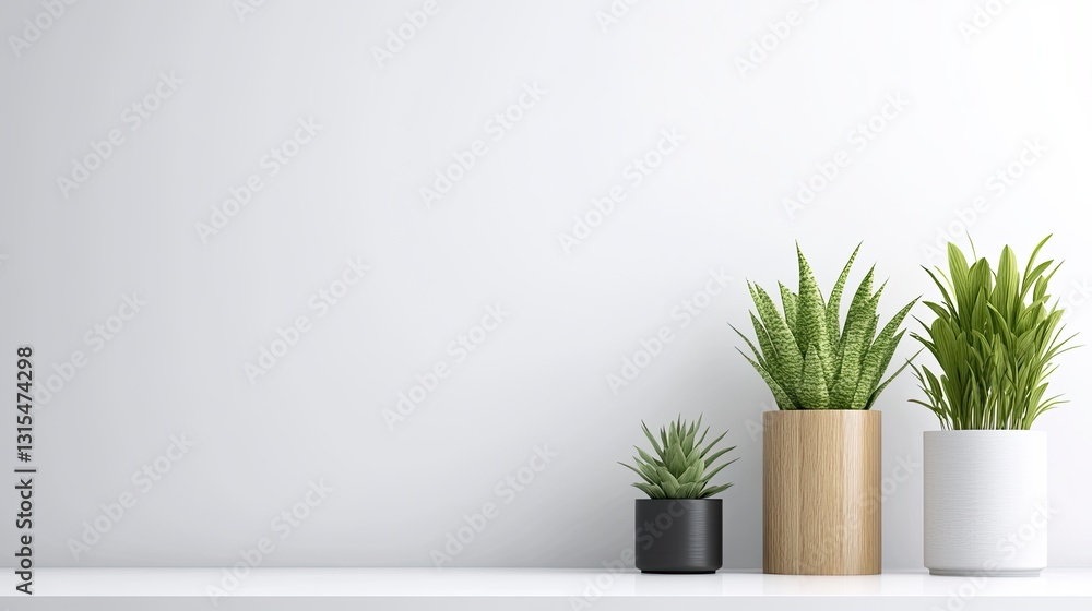 Three potted succulents on a white shelf against a white wall. Minimalist interior design. Three potted succulents on a white shelf against a white wall. Minimalist interior design.