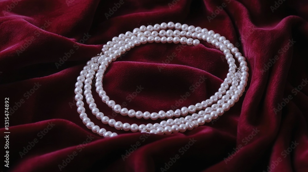 Obraz premium A multi-layer pearl necklace elegantly coiled on a rich, red velvet fabric.