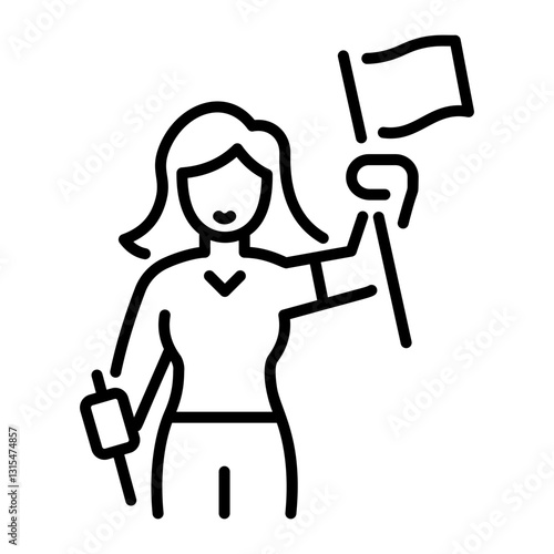 Female activist holding a flag, line style icon 