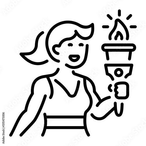 A female character holding liberty torch, line style icon 