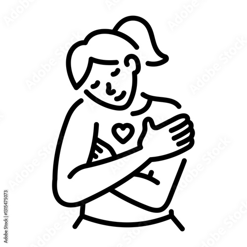 A line icon of woman hugging herself showing self love 