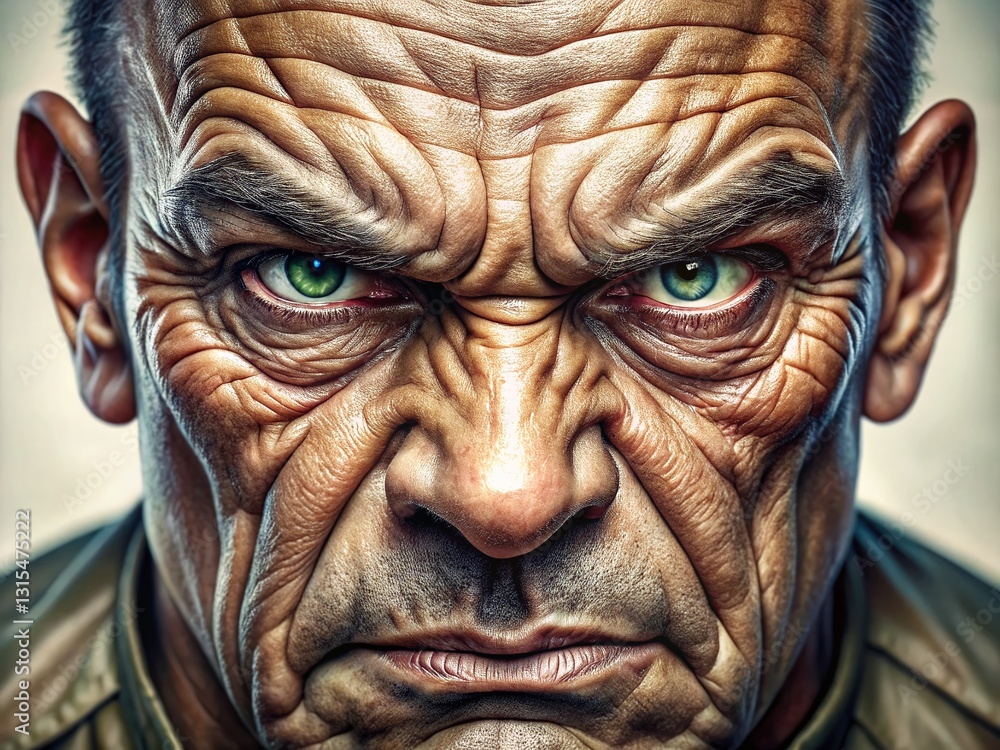 Angry Face, Furrowed Brows, Wrinkled Forehead, Piercing Eyes, Intense Emotion - Stock Photo Angry Face, Furrowed Brows, Wrinkled Forehead, Piercing Eyes, Intense Emotion - Stock Photo