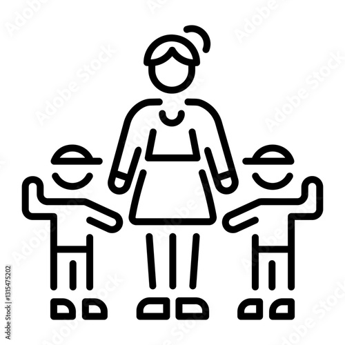 A linear style icon of a family includes a mother and two children 