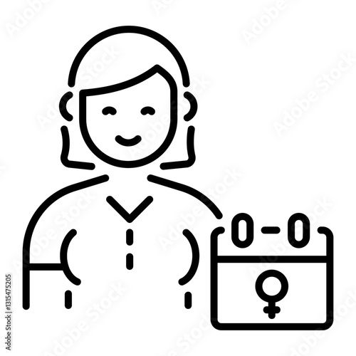 A linear style icon of a female character with a calendar depicting woman day 