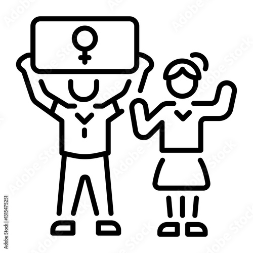 A linear icon of female characters doing protest for women rights 