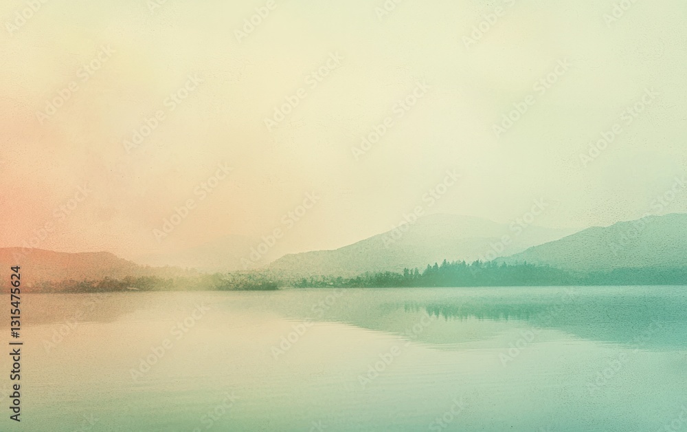 Fototapeta premium Serene landscape painting featuring a tranquil lake reflecting a misty mountain range under a pastel sunrise. Soft color palette of greens, pinks, and beige evokes a calm atmosphere