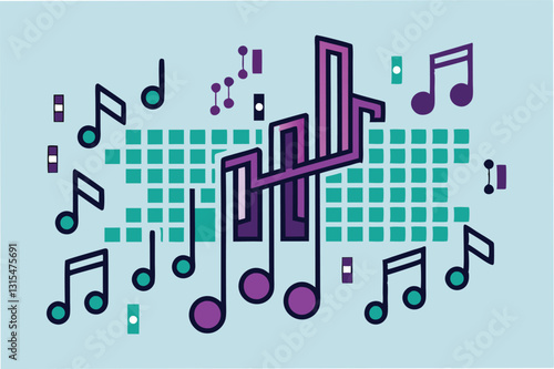 Colorful musical wave pattern featuring notes and sound bars designed in a vector illustration style on a dark background