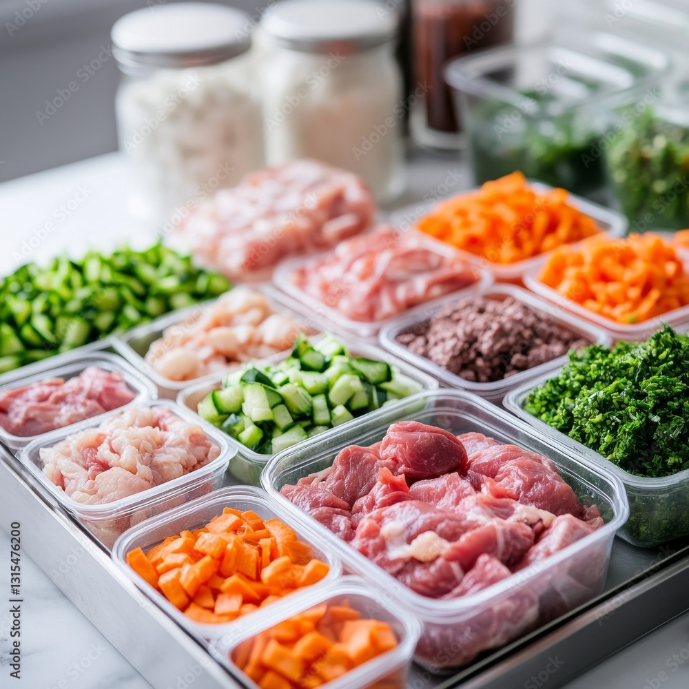 Dog meal prep station with neatly portioned raw meat and vegetable blends Dog meal prep station with neatly portioned raw meat and vegetable blends