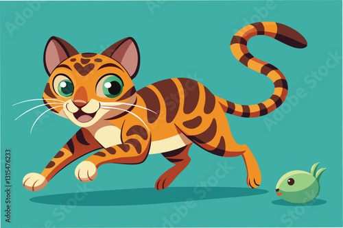 Cute orange spotted cat joyfully chasing after a small mouse in a playful outdoor setting during the day