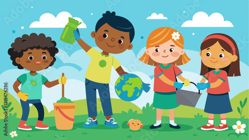 Children as young as five years old participated enthusiastically picking up trash and learning about the importance of taking care of the environment.. Vector illustration