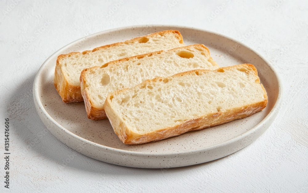Three slices of crusty bread arranged on a speckled off-white plate, set against a light textured background. Three slices of crusty bread arranged on a speckled off-white plate, set against a light textured background.