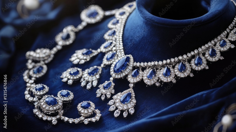Obraz premium A sapphire and diamond necklace, displayed on a luxurious deep blue velvet cloth.