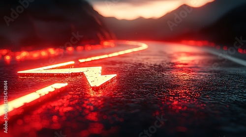 Red Neon Lightning Bolt on Wet Road at Sunset