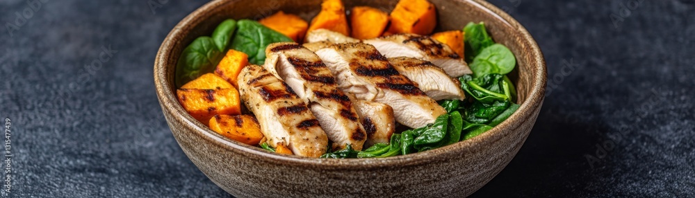Freshly prepared organic dog meal with grilled chicken, sweet potatoes, and spinach in a rustic ceramic bowl Freshly prepared organic dog meal with grilled chicken, sweet potatoes, and spinach in a rustic ceramic bowl