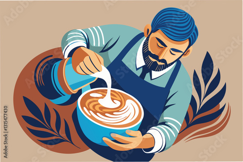 Illustration of a barista creating latte art in a vibrant cafe setting during the afternoon, showcasing skilled craftsmanship and artistic flair