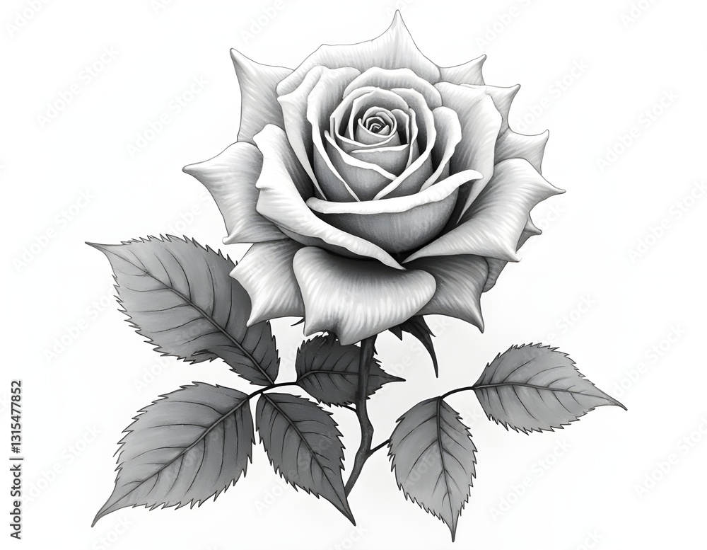 Rose painting black and white with fine lines, featuring elegant petal details and soft leaf texture, creating a classic and dramatic effect Rose painting black and white with fine lines, featuring elegant petal details and soft leaf texture, creating a classic and dramatic effect