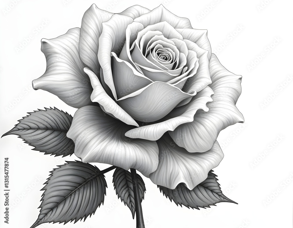 Rose painting black and white with fine lines, featuring elegant petal details and soft leaf texture, creating a classic and dramatic effect Rose painting black and white with fine lines, featuring elegant petal details and soft leaf texture, creating a classic and dramatic effect